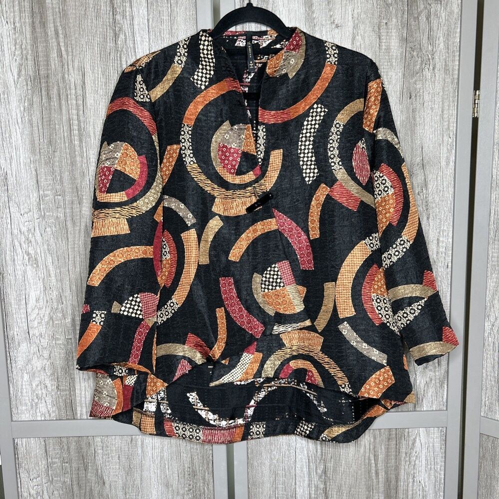 Ic By Connie K Artsy Top Kimono Blazer Asymmetric Hem Geometric Print Sz M